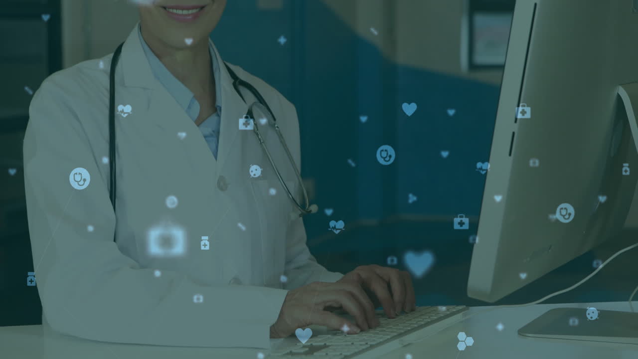 Typing on keyboard, doctor surrounded by floating animation of social media icons