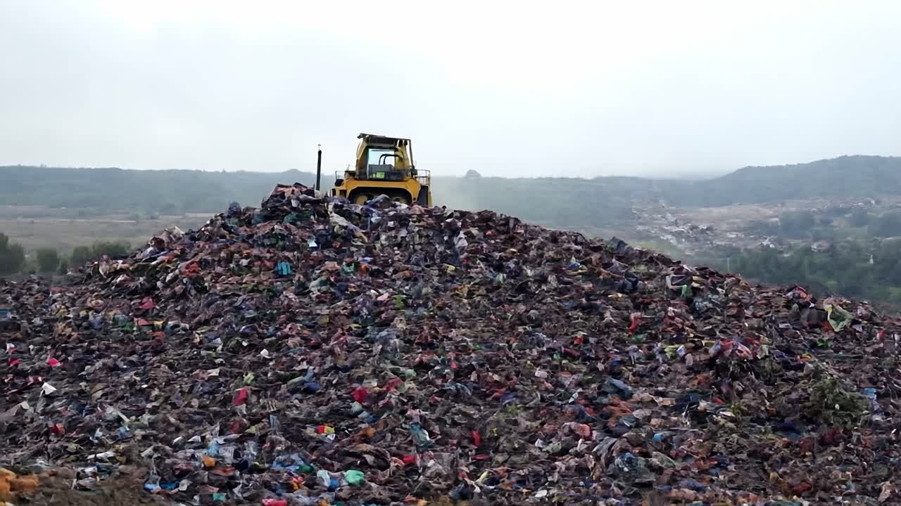 gran pila de basura con una excavadora en la parte superior
