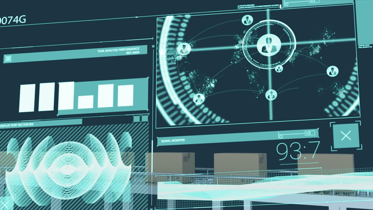 검은 바탕에 컨베이어 벨트에 있는 상자 위에 있는 금융 데이터 처리의 애니메이션