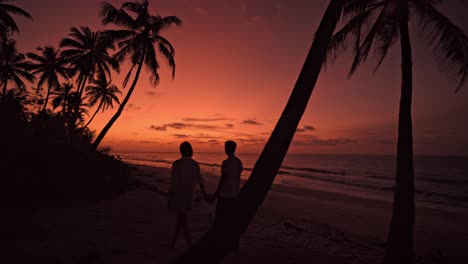 a heartwarming scene unfolds as a couple strolls hand in hand along the pristine sands of geiymiskih fannu beach in fuvahmulah, maldives at sunset.