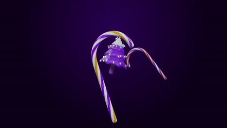 animation of spinning christmas tree and candy canes on black background