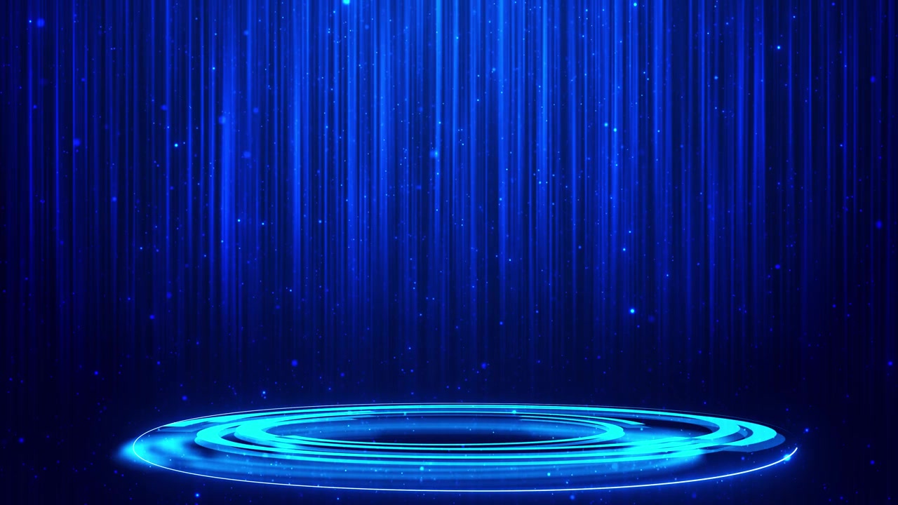 Visuel af cyan digital sceneportal med lysende rund platform, faldende blå lyslinjer og dybde.