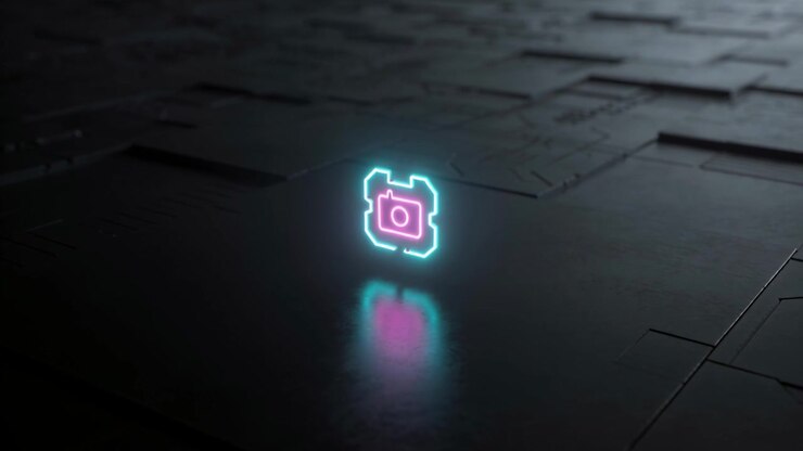 Glif kamera neon berdenyut yang menyala melayang di atas panel hitam, menunjukkan cahaya merah muda yang menarik perhatian.