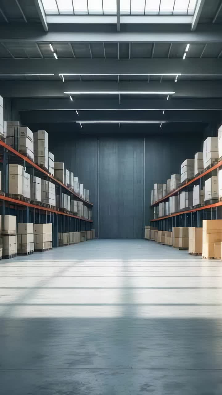 Vertical video: Starting camera moving forward through warehouse aisle, showing racks and boxes