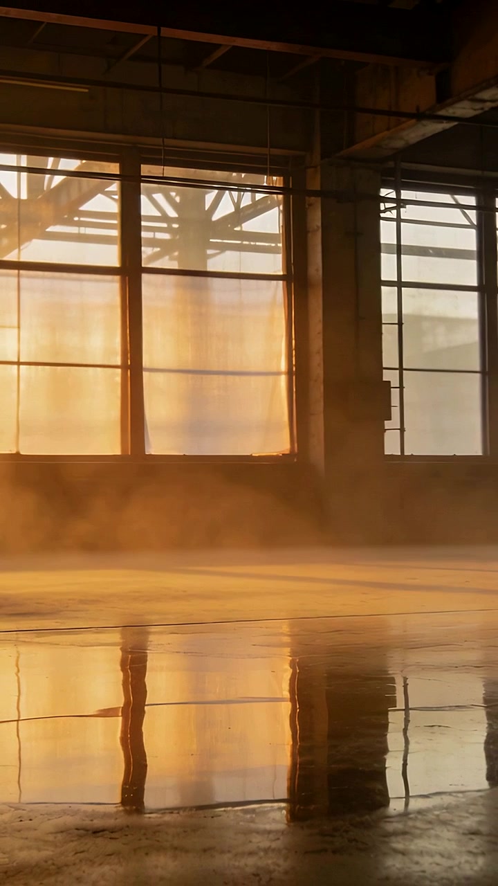 Vertical video: Casting warm light center windows mullions mirroring on wet floor