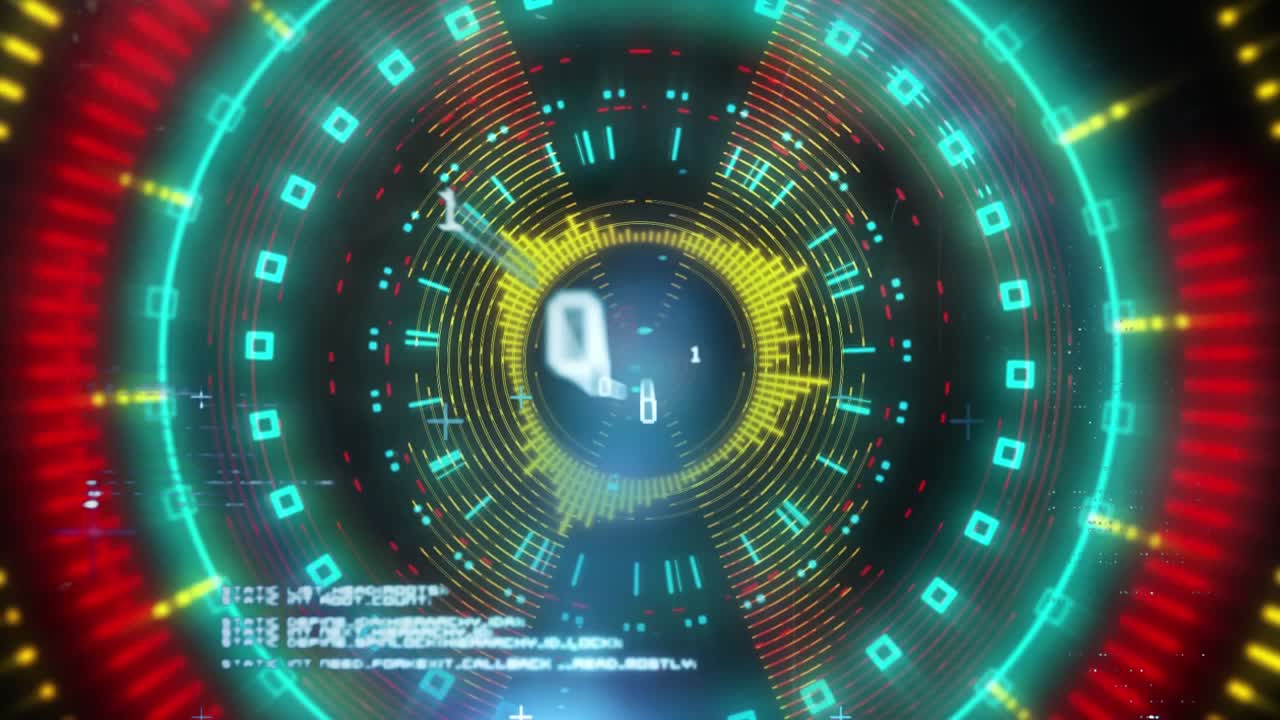 Animation of data processing, neon round scanners and blue light spot against black background