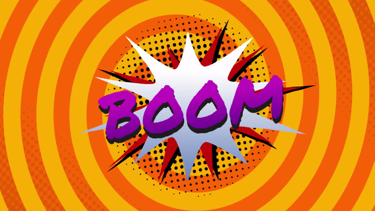 animación de texto de boom cómico sobre formas naranjas en movimiento