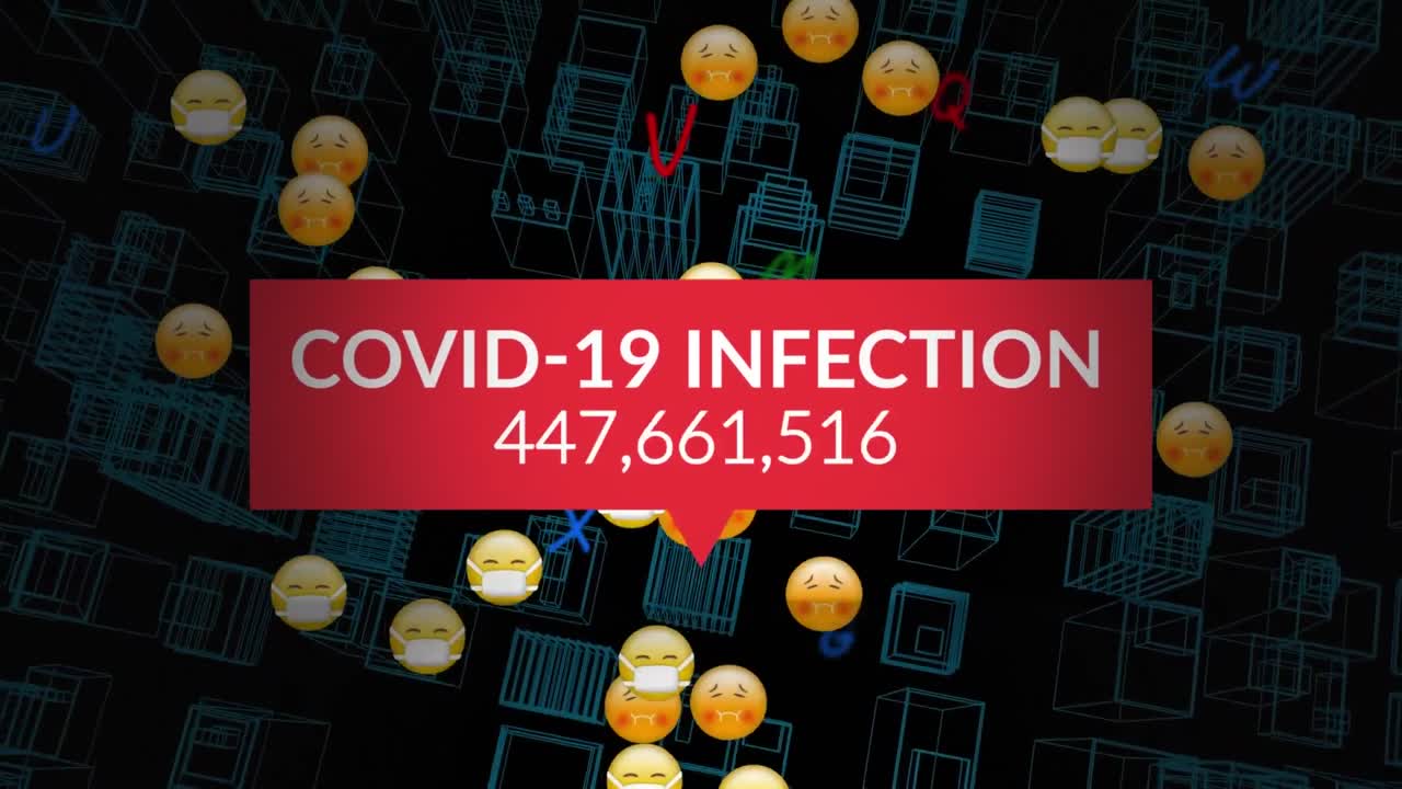 디지털 도시 풍경 위의 문자 및 디지털 아이콘의 애니메이션