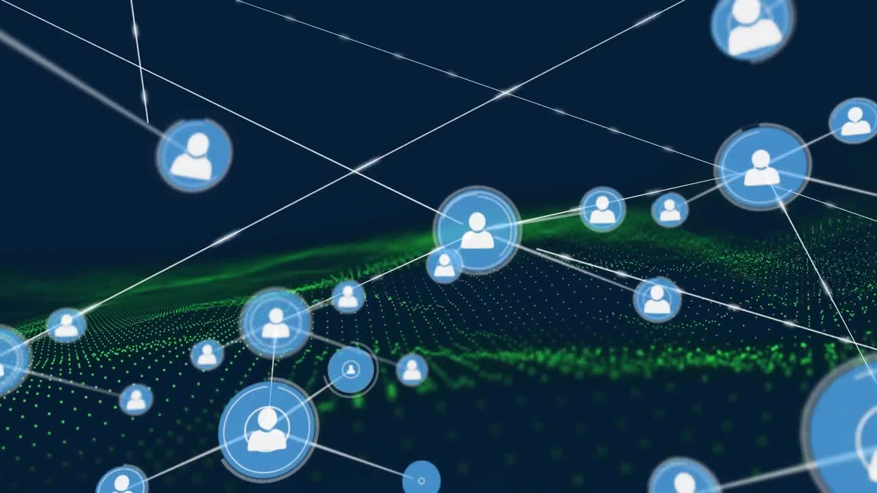 Animation of network of connections with digital people icons over green mesh