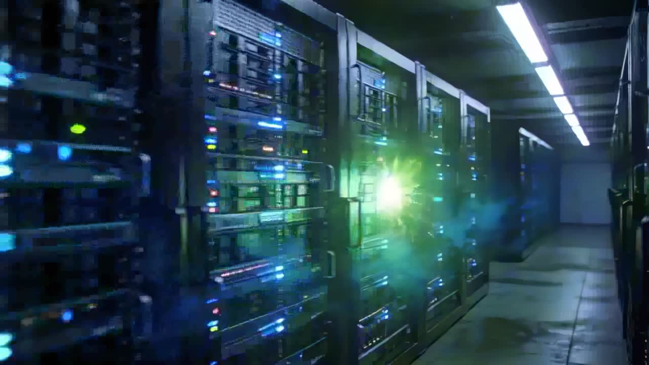 Sporingskamera afslører serverracks med LED'er, pulserende blå dis og grønne glimt langs gangen.