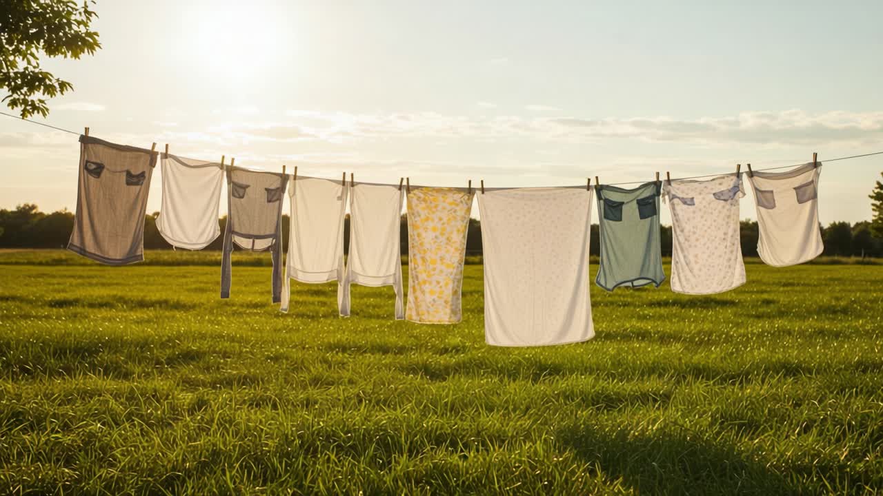 A Warm Evening with Laundry Drying in the Gentle Breeze, Capturing the Essence of Outdoor Chores and the Serenity of Nature Under the Soft Glow of the Setting Sun