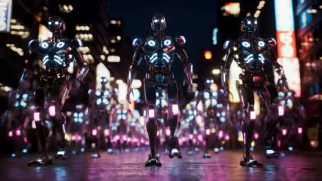 a futuristic scene of robotic entities marching together through a neon-lit urban environment, showcasing advanced technology and illuminated features