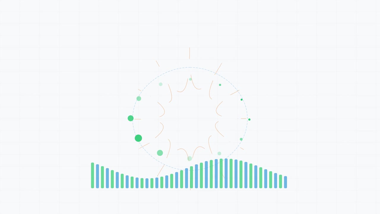 Abstract Motion Graphics with Rotating Green Circles and Sound Waveform