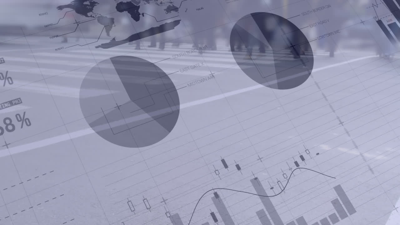 4k 배경에 금융 데이터와 함께 걸어가는 사람들