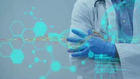 animazione dell'elaborazione dei dati medici sulla sezione centrale del medico maschio sullo sfondo blu
