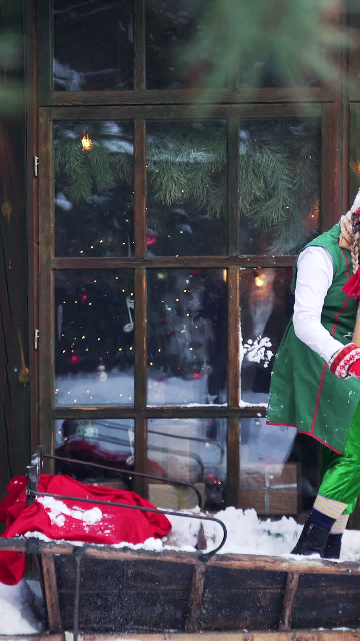 Joyful elves playing in snow. Two cheerful fairy characters in green suits having great time together near the big window outdoors. Christmas time. Vertical video
