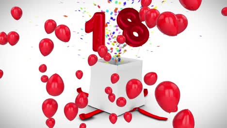 animation of red balloons over white gift box opening releasing colourful confetti and number 18