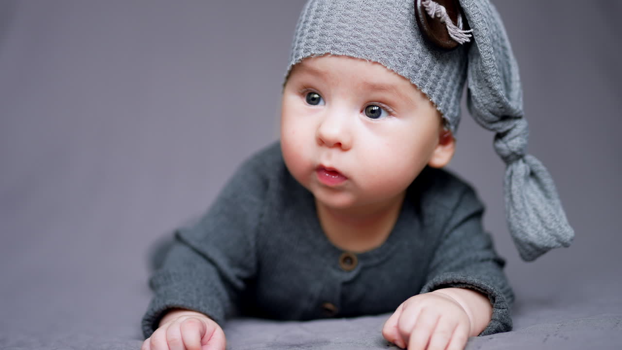 Tiny cute boy in funny grey hat lying on his belly. Lovely kid wearing grey clothes lying at grey backdrop. Close up.