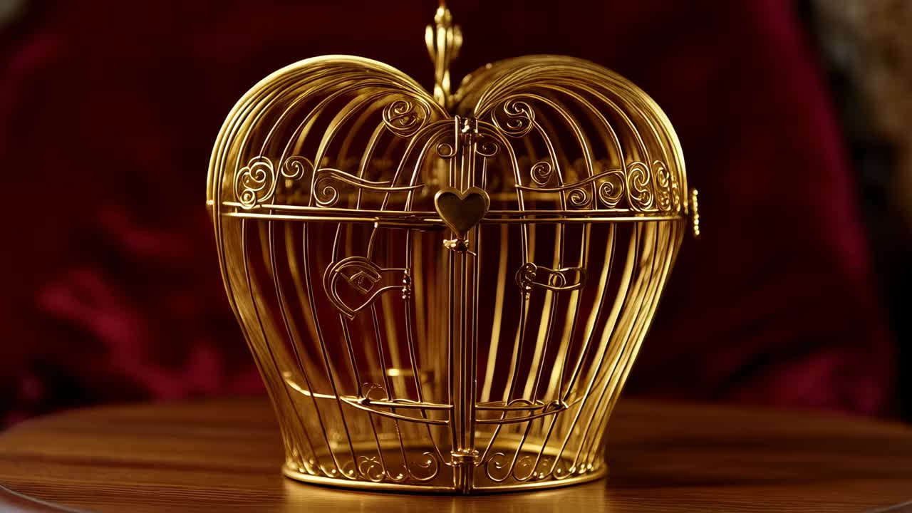 Drehender goldener Herzkäfig auf einem Drehteller, der Schriftrollen und ein Vorhängeschloss auf einem Holztisch enthüllt, warmes Licht