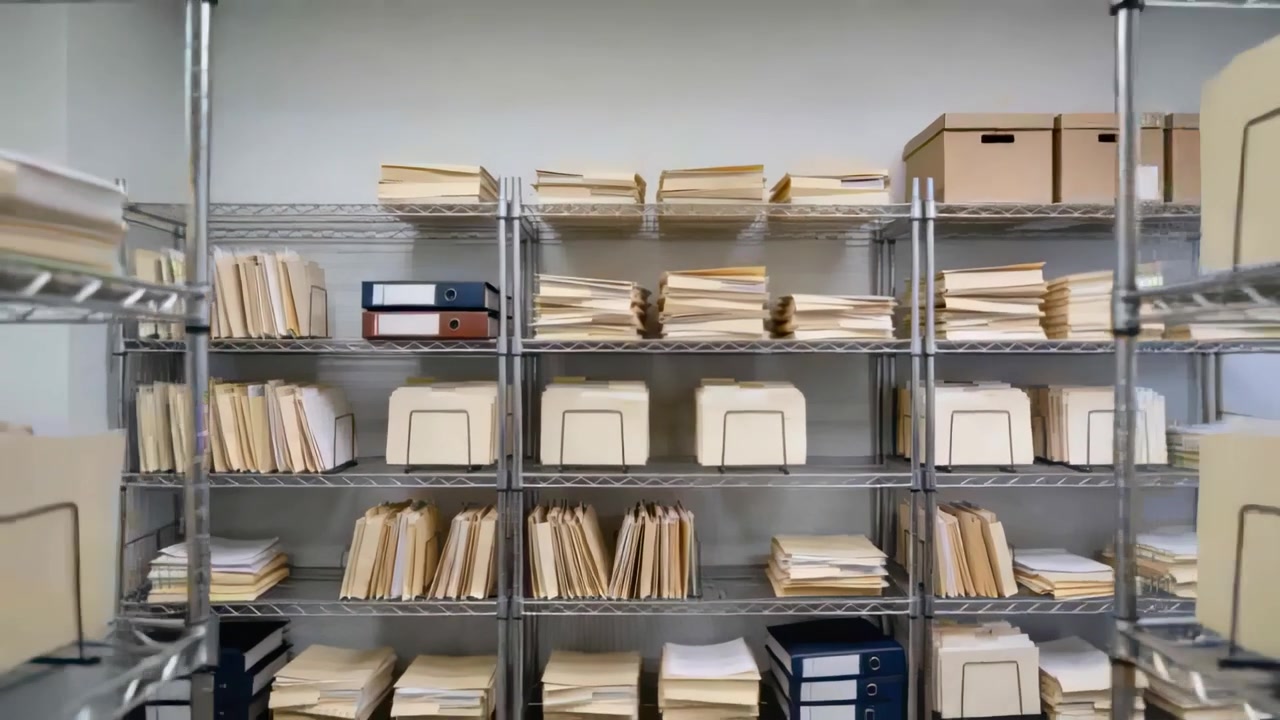 Pulling back camera revealing metal wire shelving unit in records room, showing folders for audit