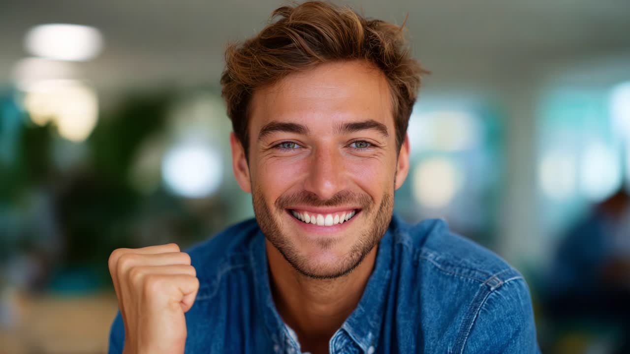 Giovane uomo allegro che esprime entusiasmo ed energia positiva, sorridendo calorosamente mentre celebra un momento di gioia in un ambiente luminoso e moderno