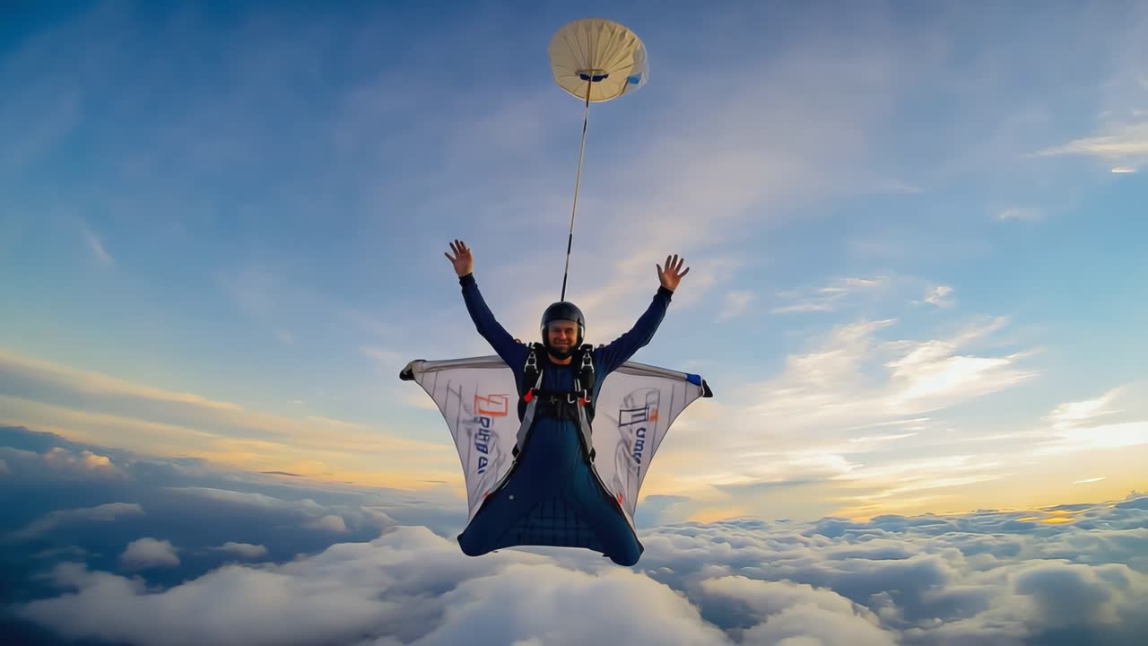 Wingsuit flyer soaring above the clouds
