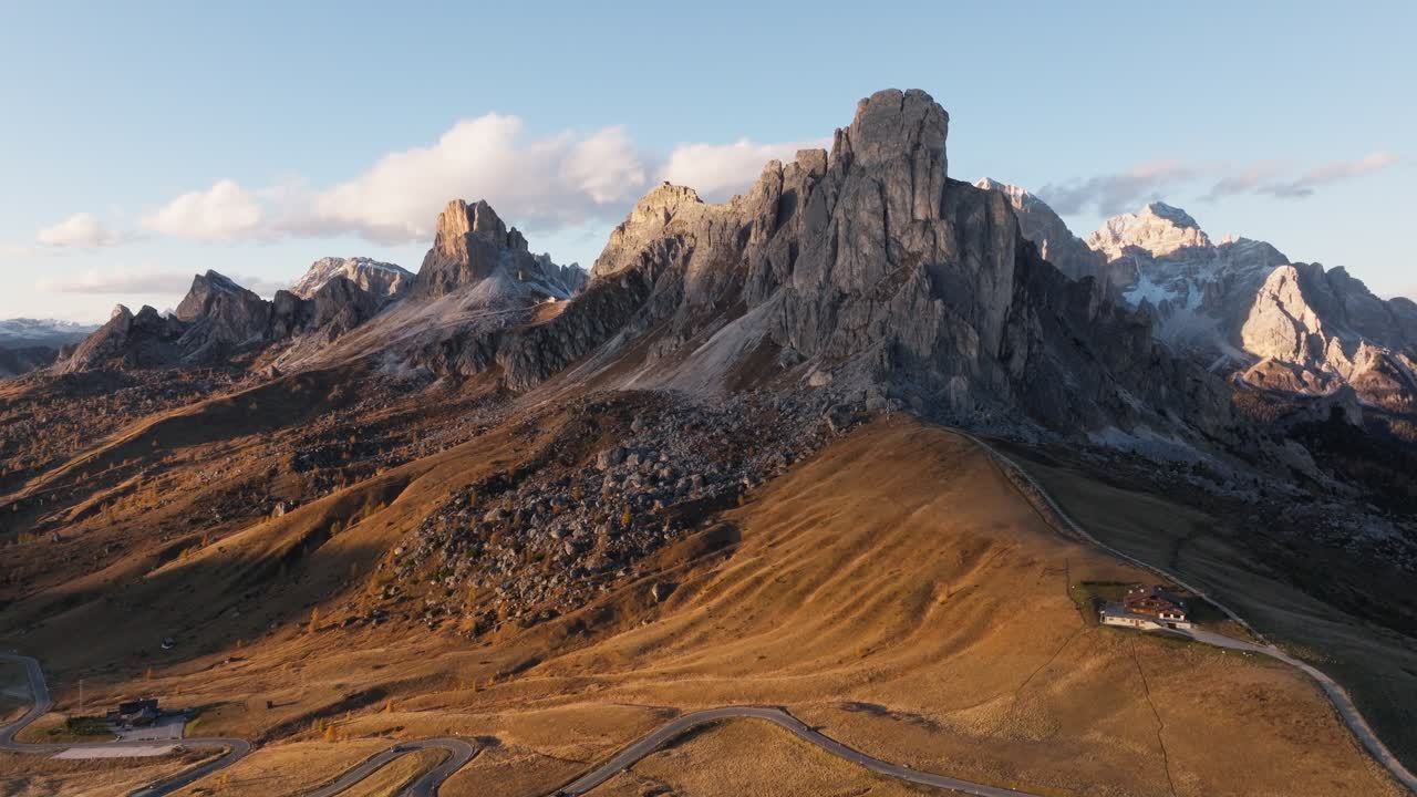 Aerial view of the top of Passo di Giau captured in autumn at the end of October