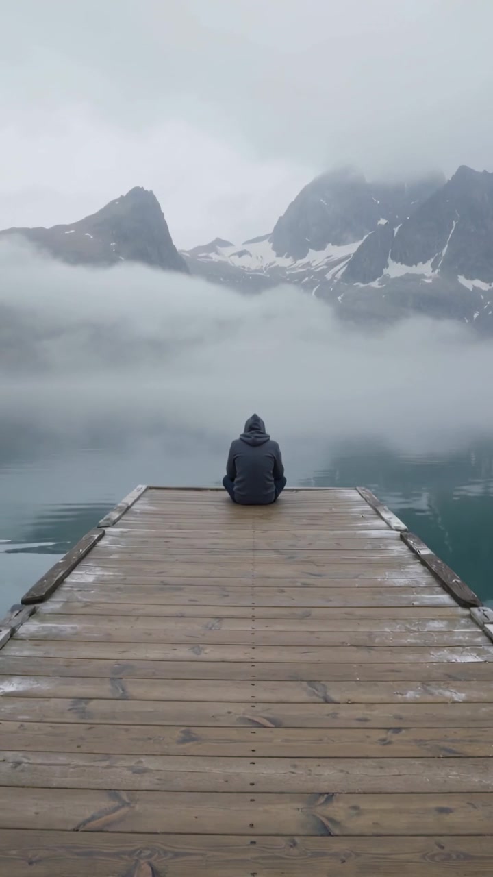 Video verticale: Persona seduta con cappuccio che si sposta per osservare le montagne da un molo sul lago mentre la nebbia si dirada.