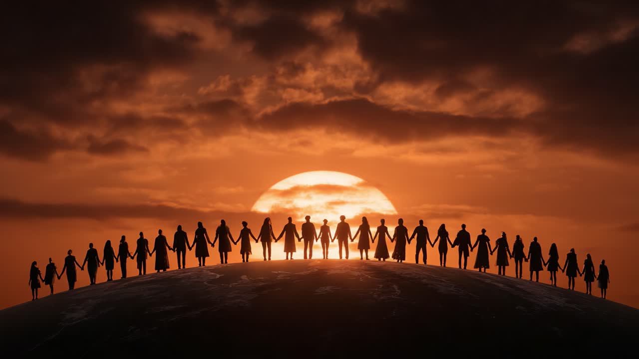 Un collettivo unito che abbraccia il tramonto: celebrare l'unità e la connessione all'orizzonte, mentre le sagome formano un simbolo di speranza contro un crepuscolo abbagliante.