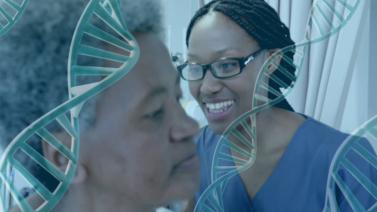 Animation af DNA-strenge over mangfoldig kvindelig læge og patient på hospital