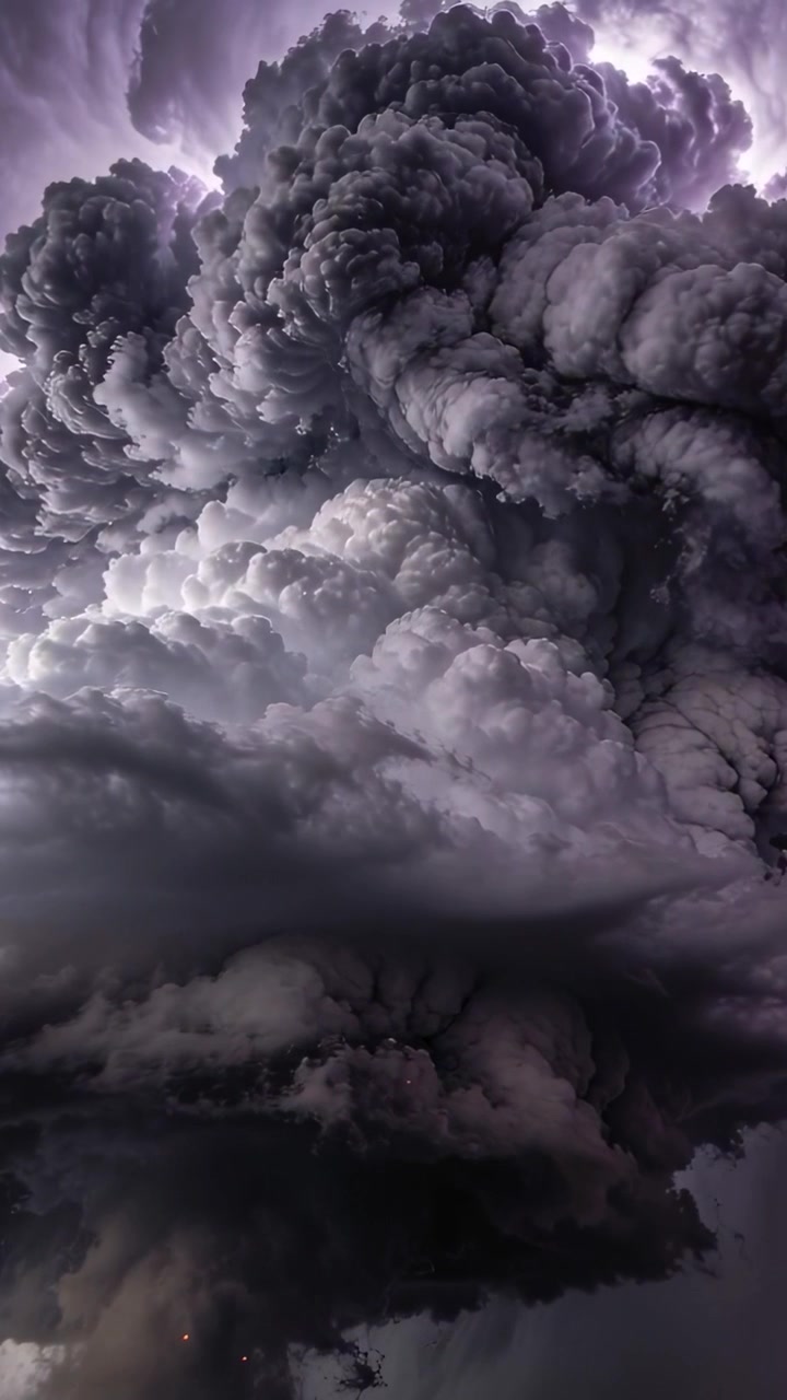 Video verticale: Enorme nuvola temporalesca che si innalza da correnti ascensionali, con un bagliore viola pulsante e nubi basse nel cielo