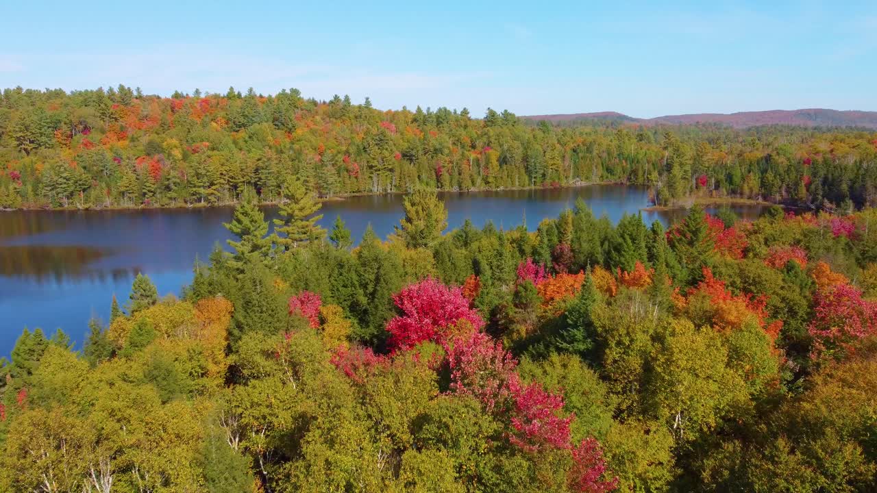 An establishing aerial drone shot passing over a forest to reveal a beautiful lake surrounded by trees, Montr&eacute;al, Canada