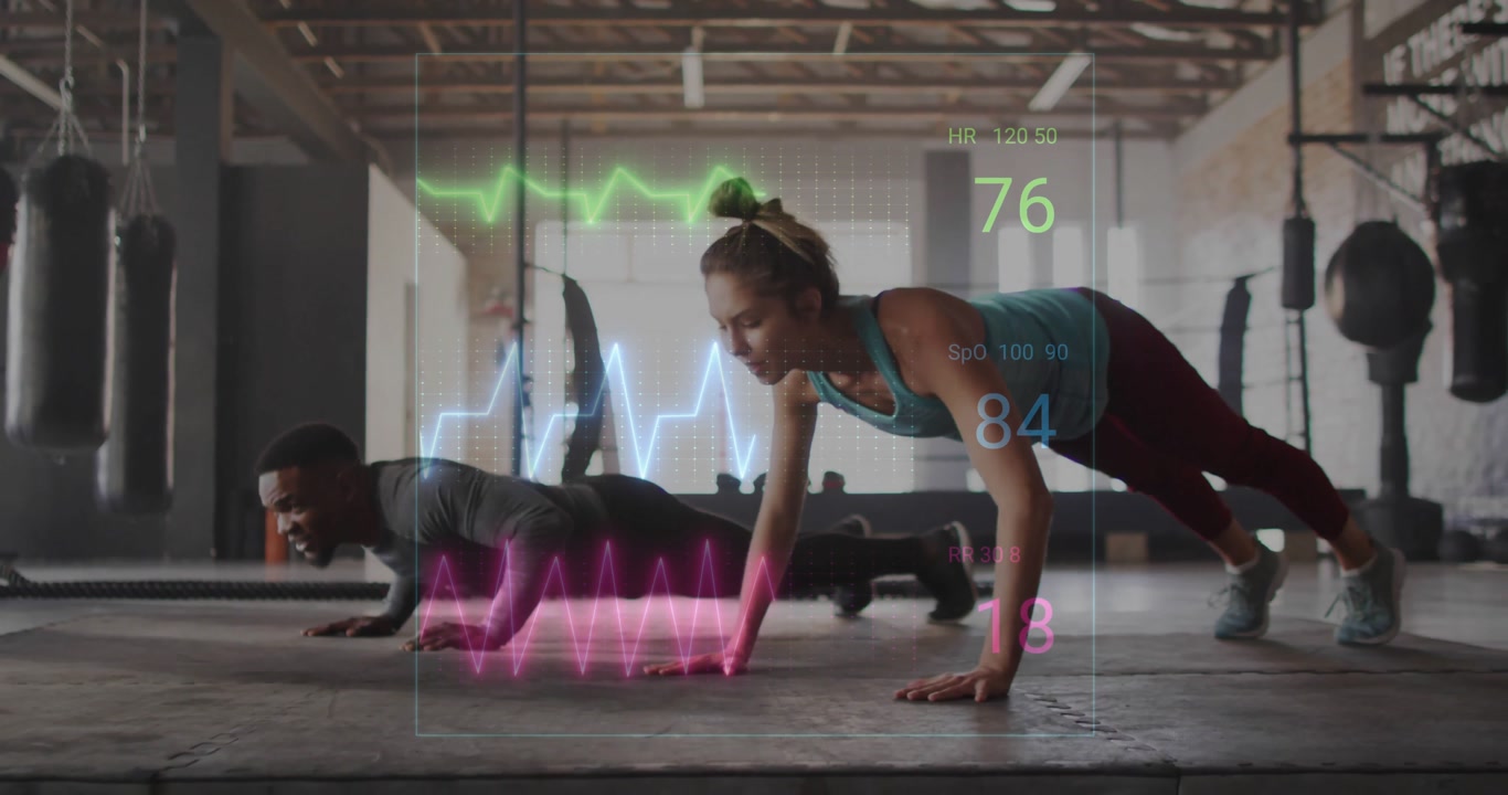 Lowering into push-up sequence, man and woman in loft gym, tracking pulsing fitness metrics overlay