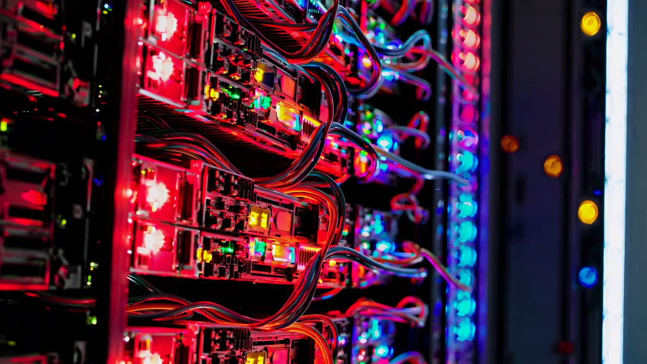 Close-up video of a server room with vibrant LED lights and cables, captured from a side angle