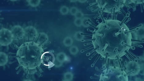 animación de células de macro coronavirus que se propagan sobre un fondo azul.