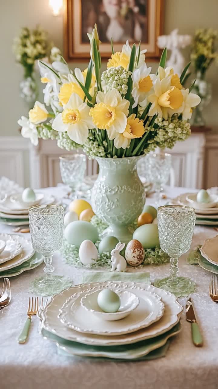 Elegante allestimento della tavola per la cena di Pasqua con narcisi e decorazioni pastello