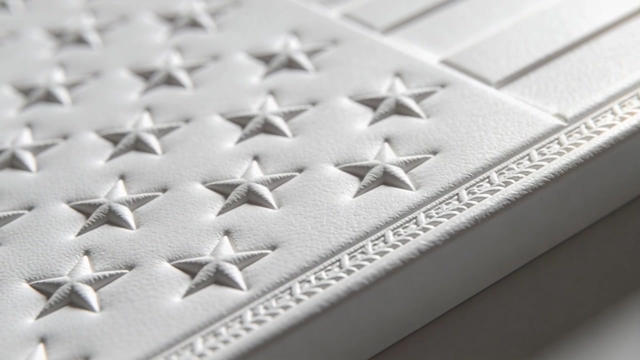 Plan d'ouverture avec la caméra faisant la mise au point sur un panneau blanc posé sur une table, révélant un relief d'étoile et une bordure.