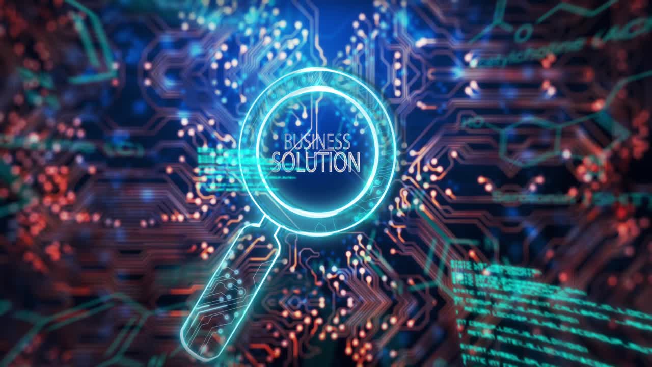 비즈니스 솔루션 텍스트를 읽기 유리 및 데이터 처리 위에 애니메이션