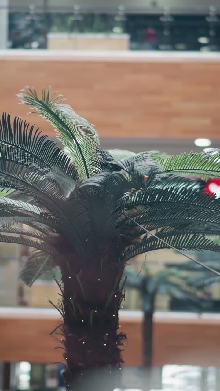 primer plano de una palmera artificial dentro de un centro comercial moderno, rodeado de tiendas minoristas borrosas y tonos interiores cálidos, que muestran una vegetación vibrante y una estética arquitectónica