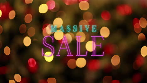 massive sale text animation over blurred festive holiday lights background