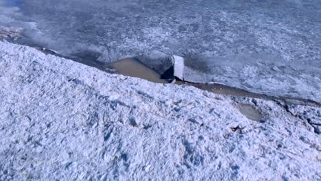 drone-shot-flying-over-partially-frozen-and-cracked-river,-brown-water-is-visible-under-thin-ice