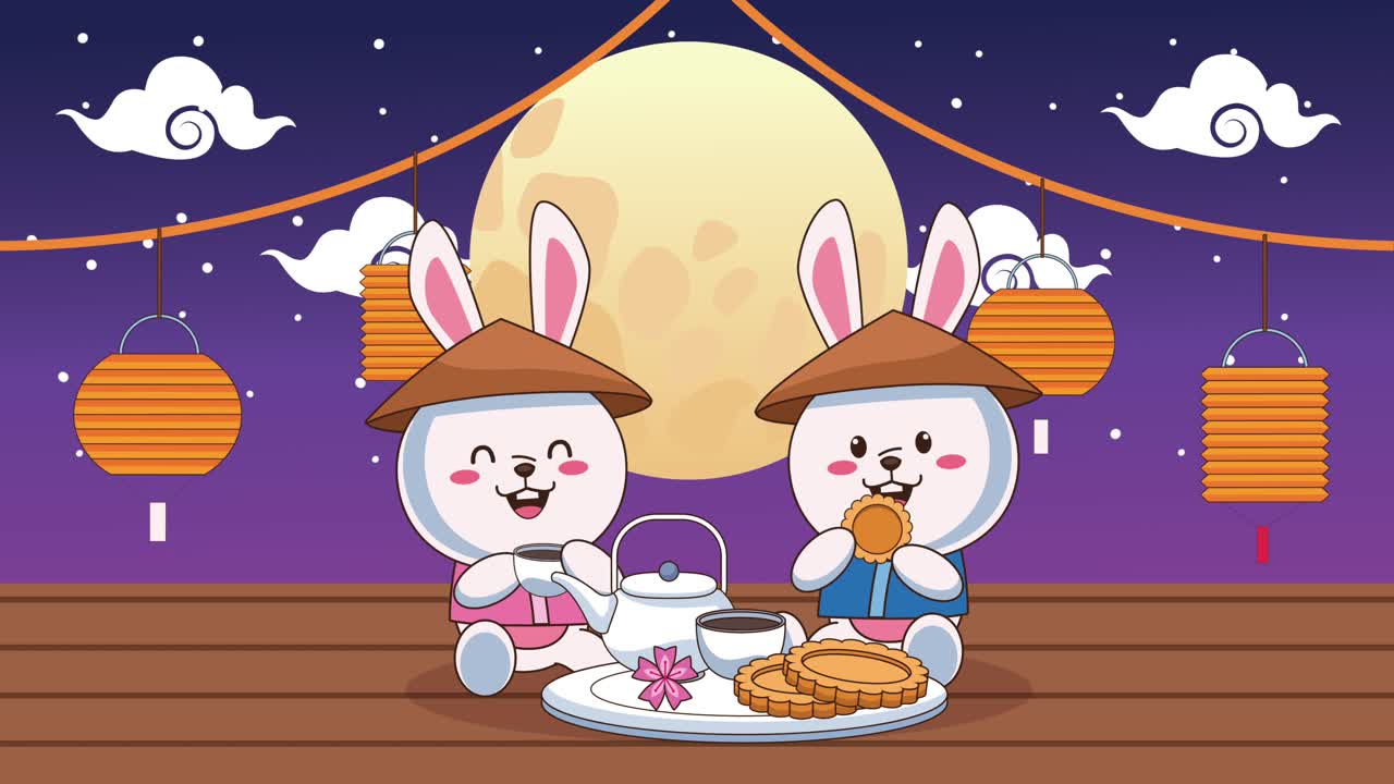 밤에 차를 마시고 쿠키를 먹는 토끼와 함께 가을 중순 축제 애니메이션