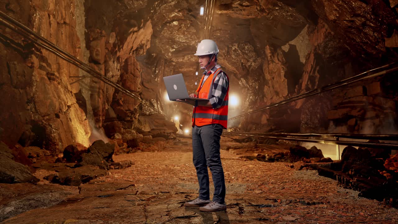 Full Body Side View Of Asian Male Engineer With Safety Helmet Working On A Laptop While Standing In Underground Mine Tunnel