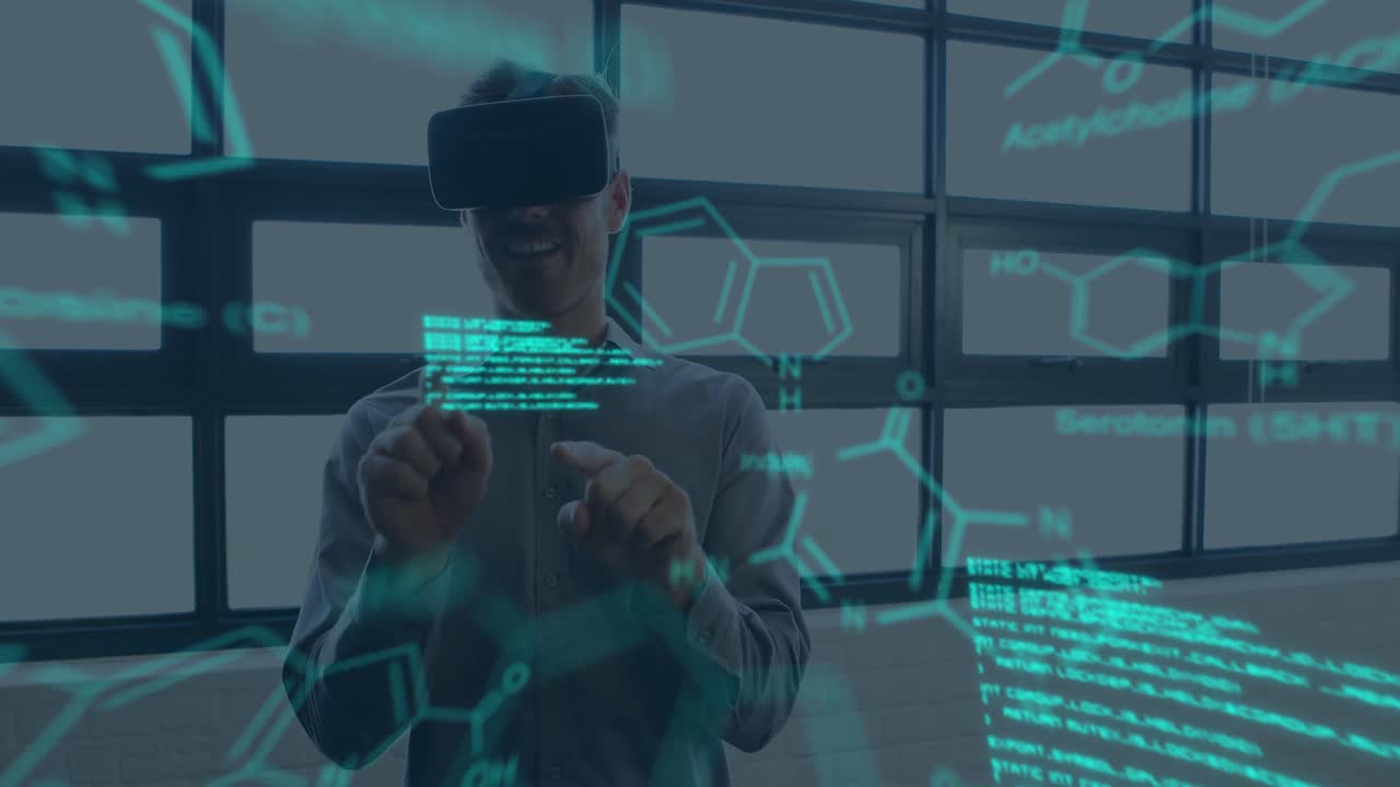 Animation of data processing over caucasian man using vr headset