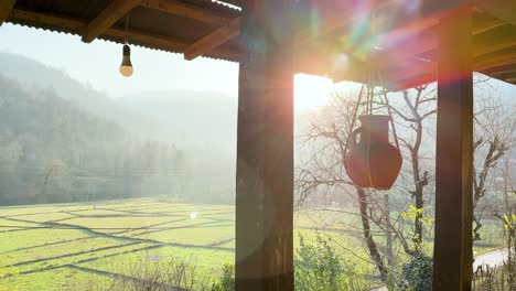 fresh morning sun rise and shine rice paddy agriculture farm land field near the river mountain in highland wooden house cabin cottage in rural town north of iran traditional design handicraft tourism