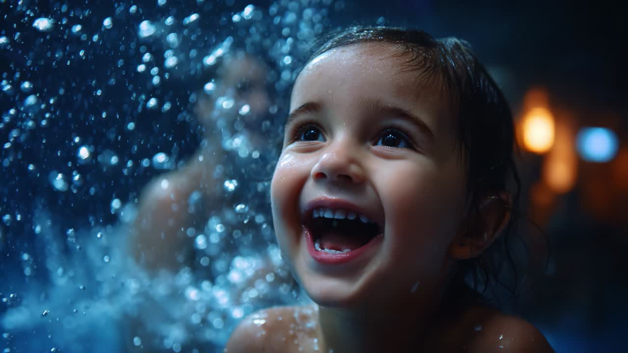 A joyful child reveling in the splashes of water, radiating pure happiness and delight as bubbles surround her, reflecting the carefree nature of childhood in a vibrant and lively aquatic setting
