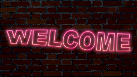 letras en luces de neón brillantes que muestran texto de letras de bienvenida moviéndose frente a la pared de ladrillo