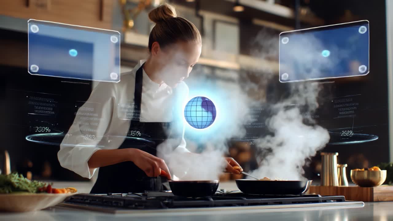 Innovative Cooking Techniques: A Chef Utilizing High-Tech Assistants in the Kitchen to Prepare Delicious Dishes While Engaging with Interactive Digital Displays and Visual Data