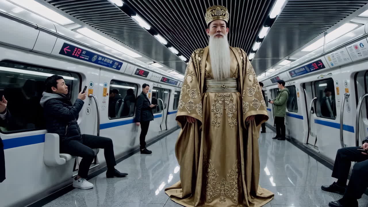 지하철에서 고대 중국 의상을 입은 남자