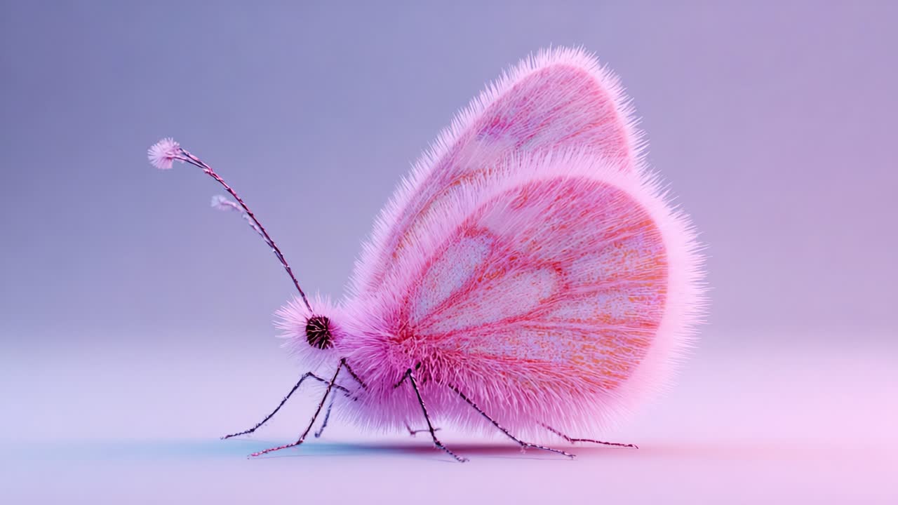 A stunning and vibrant close-up of a beautifully designed pink and purple butterfly, showcasing intricate details and a soft, furry texture that captures the essence of nature's artistry